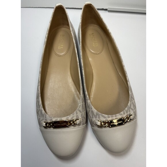 Michael Kors Gold Metal Place Logo Monogram Ballet Flats In Vanilla Sz 7 - Picture 2 of 9
